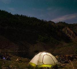 Camping with tent in California desert