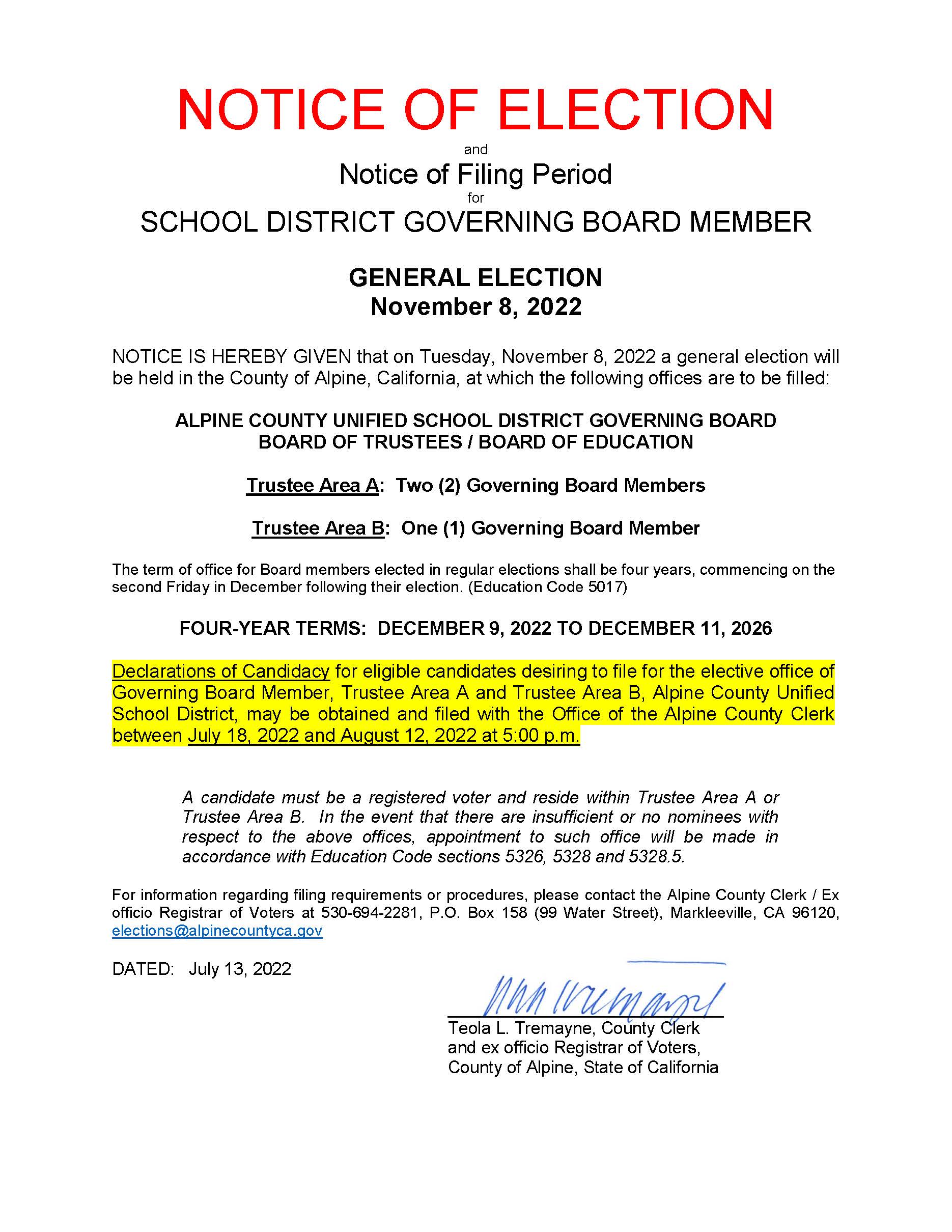 2022 Notice of Election