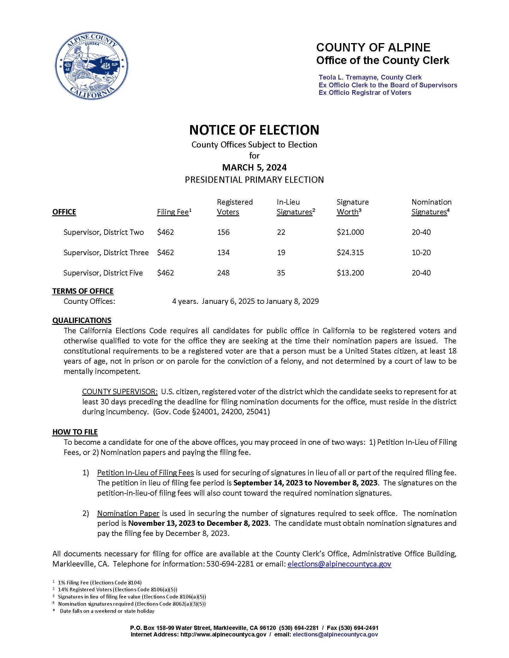 NOTICE of Election - Filing Fees March 2024