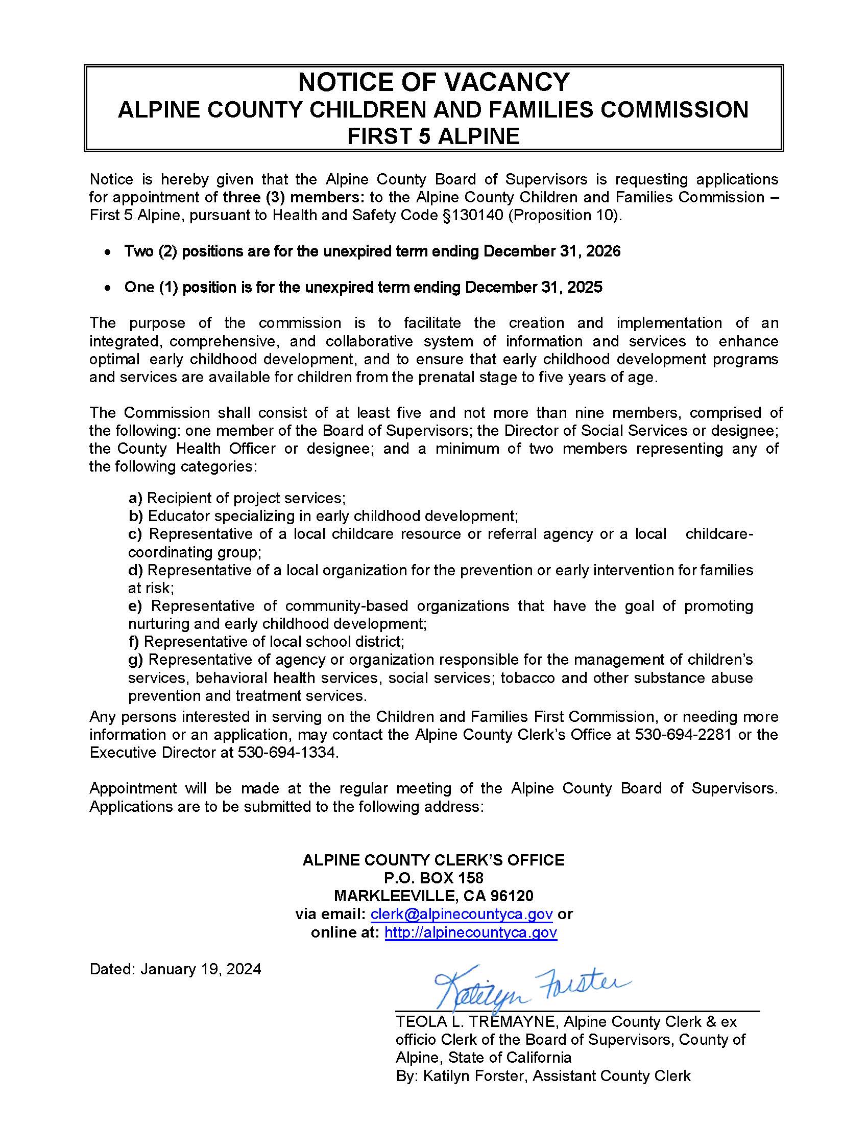 NOTICE VACANCY Children and Families Commission