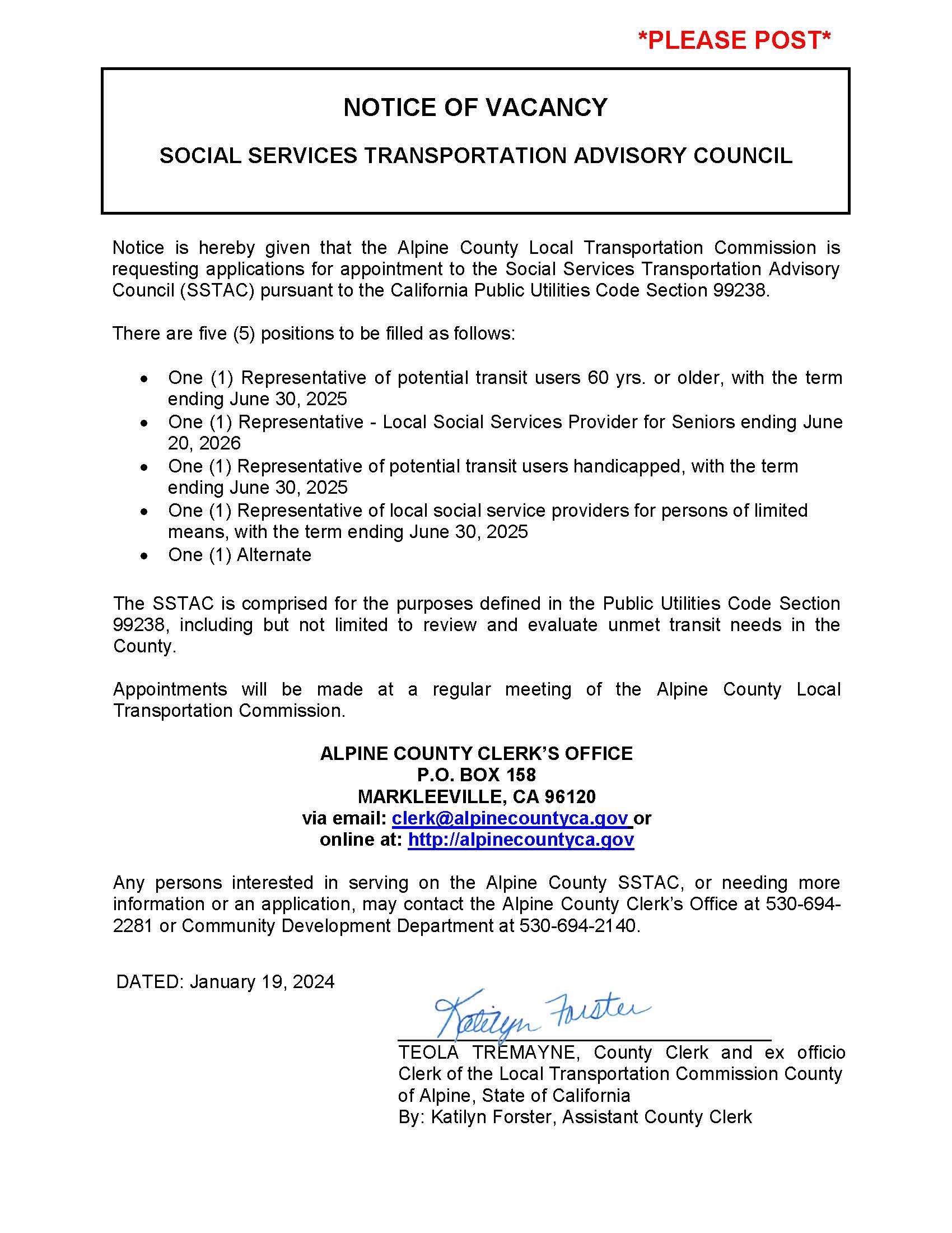 NOTICE VACANCY Soc. Svcs. Trans. Advisory Council .1