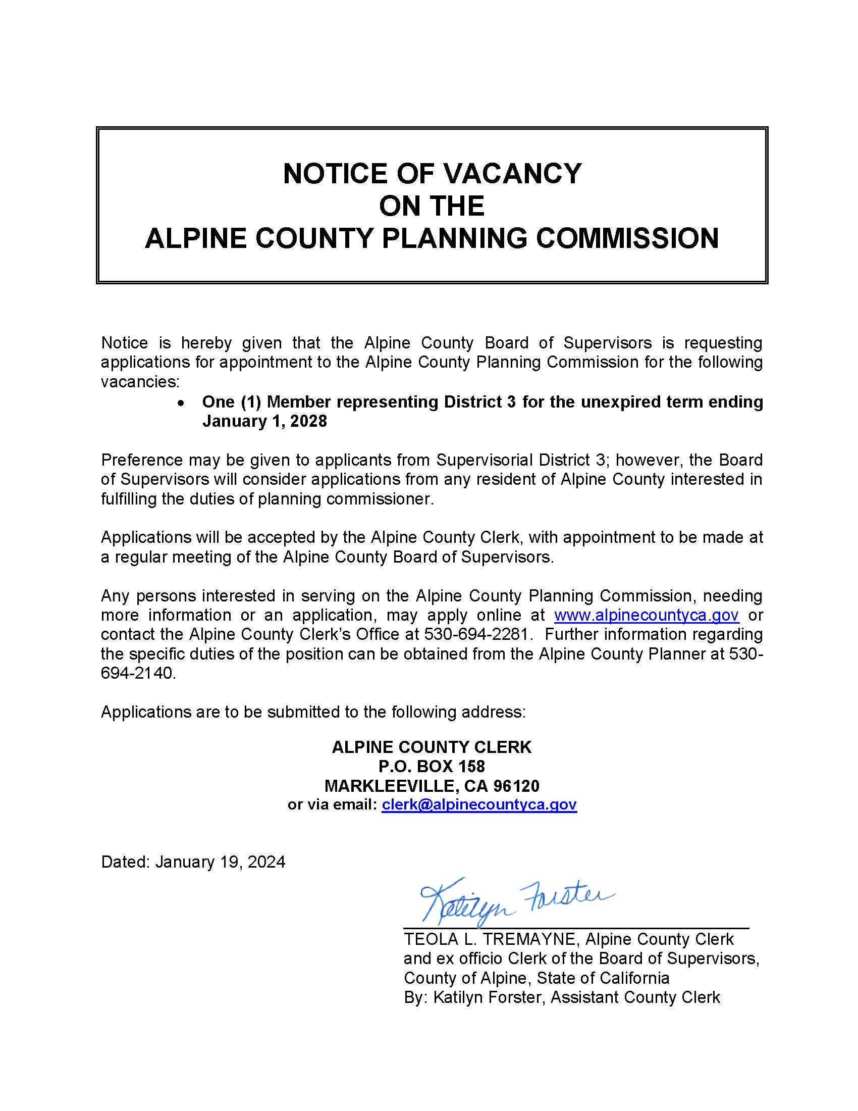 NOTICE VACANCY Planning Commission