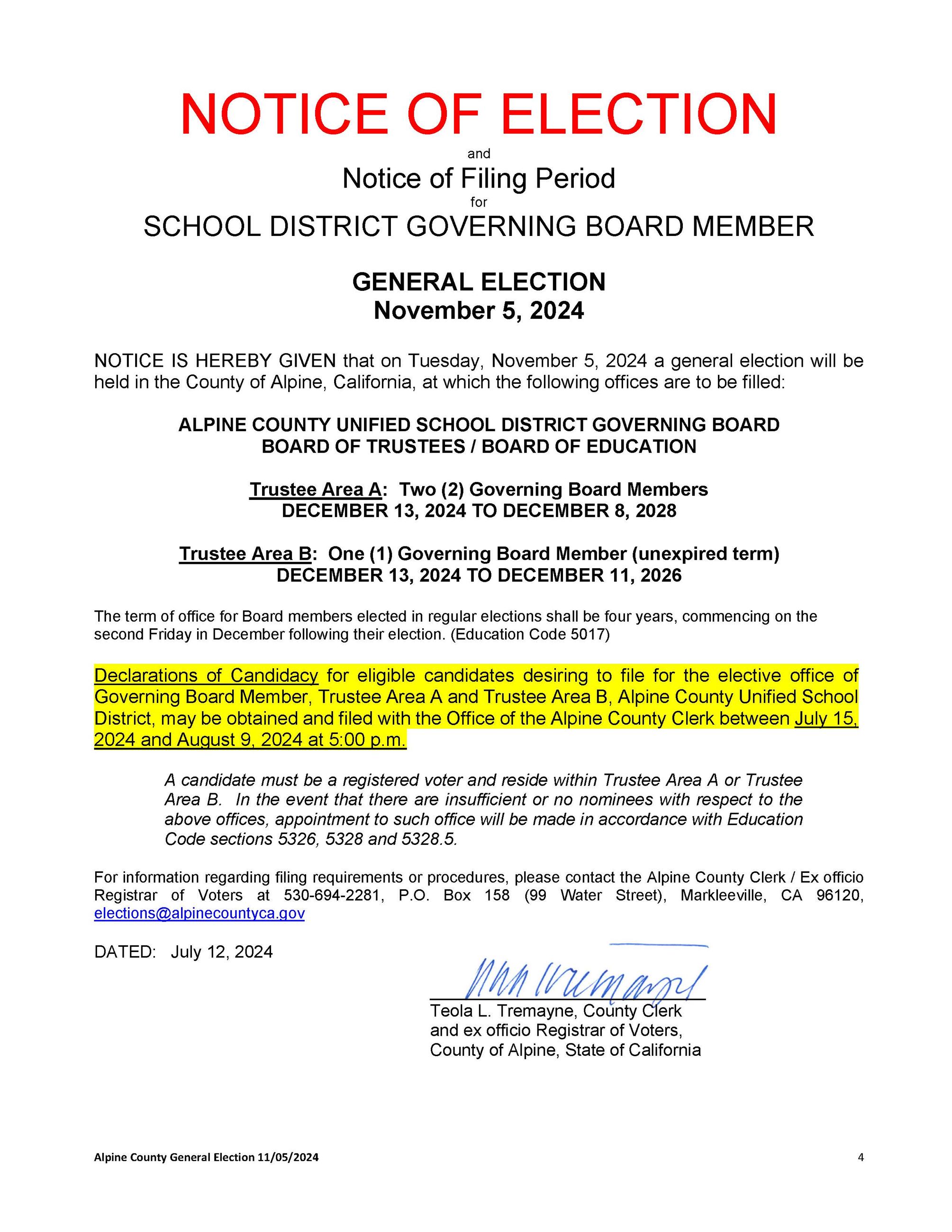 Notice of Election School Board