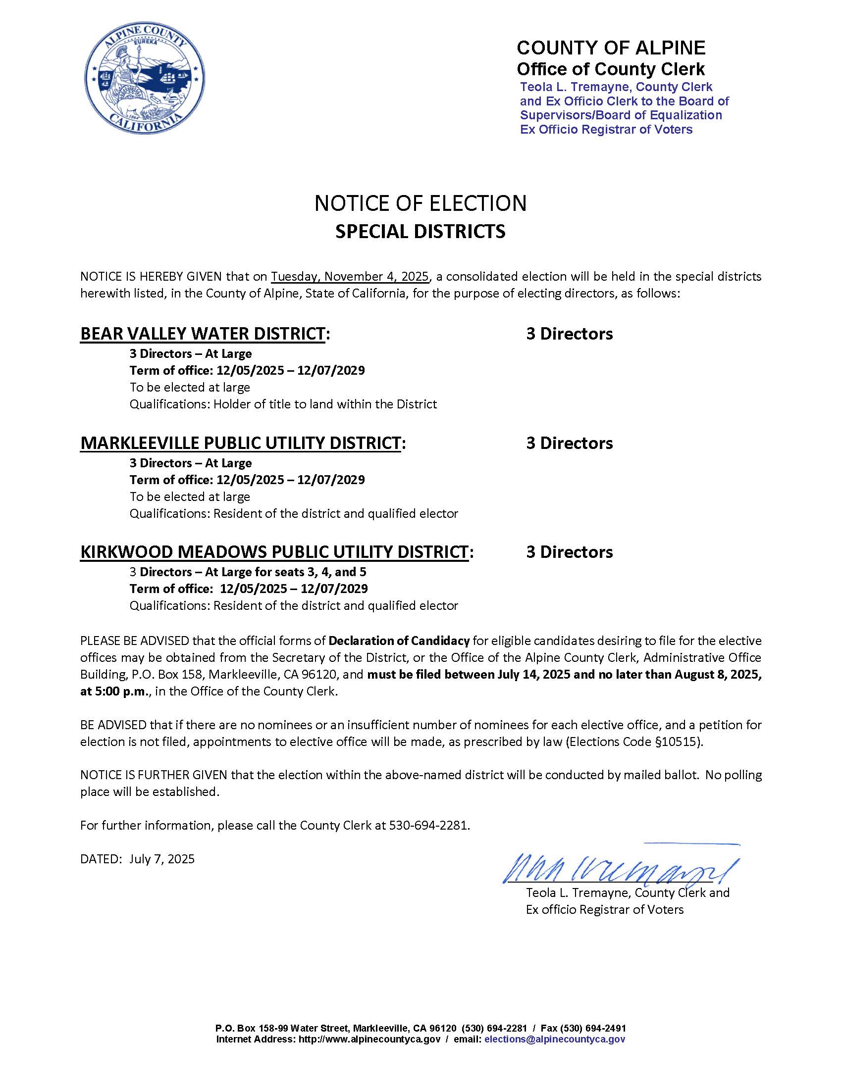 NOTICE of Election 2025 Special Districts